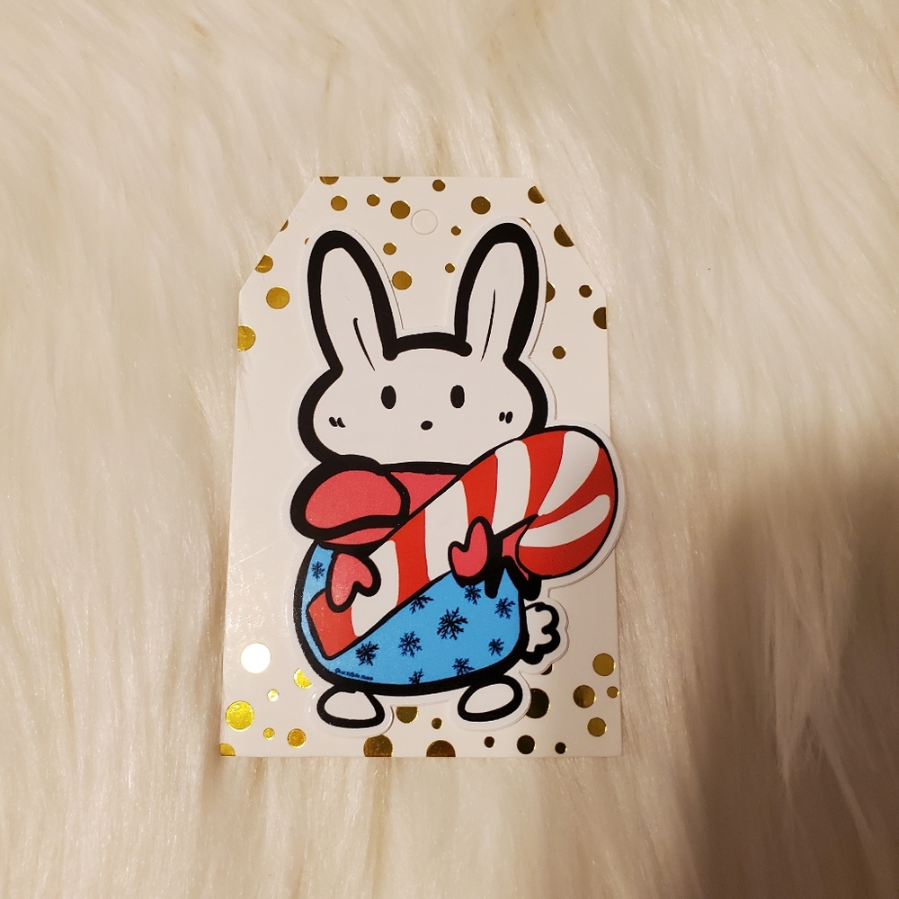 Cute Bunny Vinyl Sticker with Candy Cane